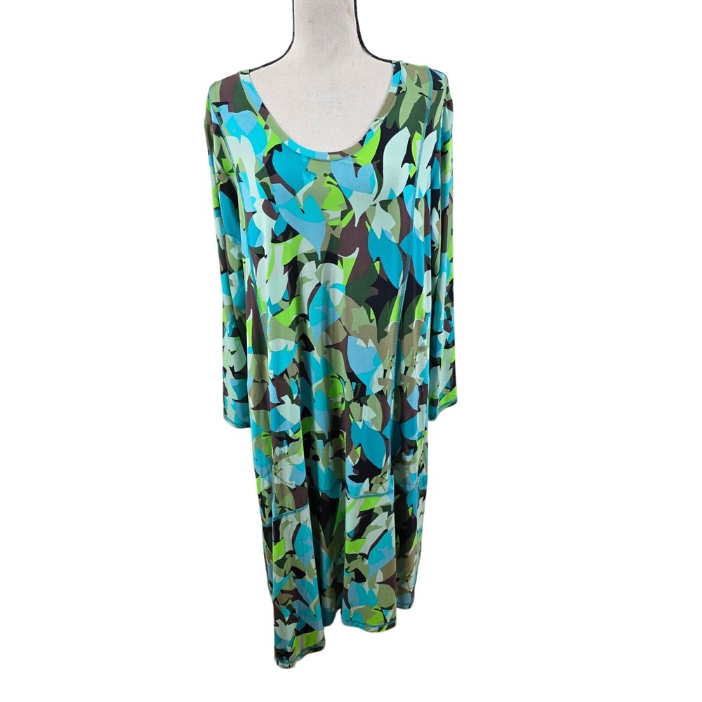 LOGO Lori Goldstein Midi Dress Womens M P Blue Green Abstract Leaf Long Sleeve